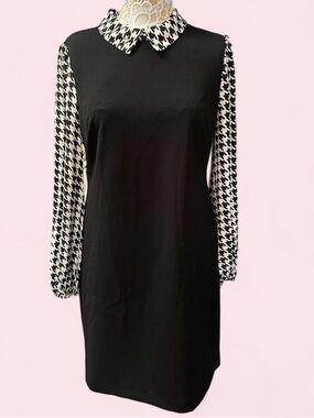 Tommy Hilfiger Black Shift Dress with Houndstooth Collar & Sleeves